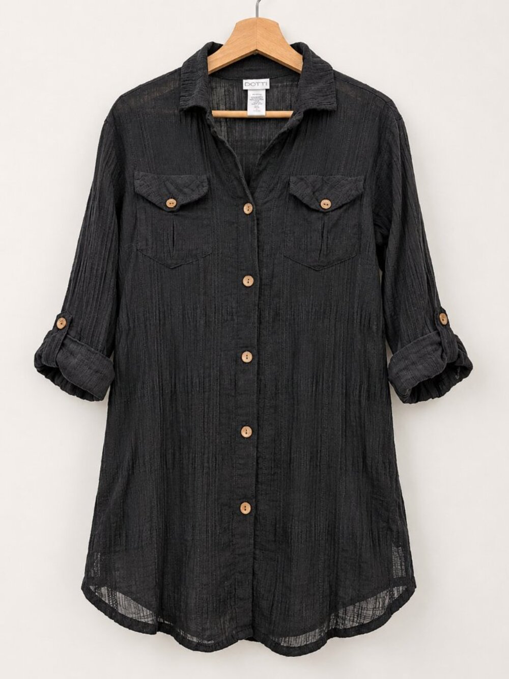 Long Crinkled Cotton Black Shirt Tunic Size S Resortwear Beach to Bar